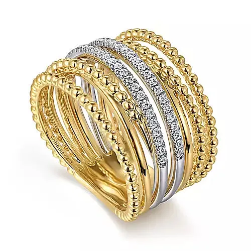 14K White and Yellow Gold 0.24Ct Diamond Bujukan Easy Stackable Ladies Ring