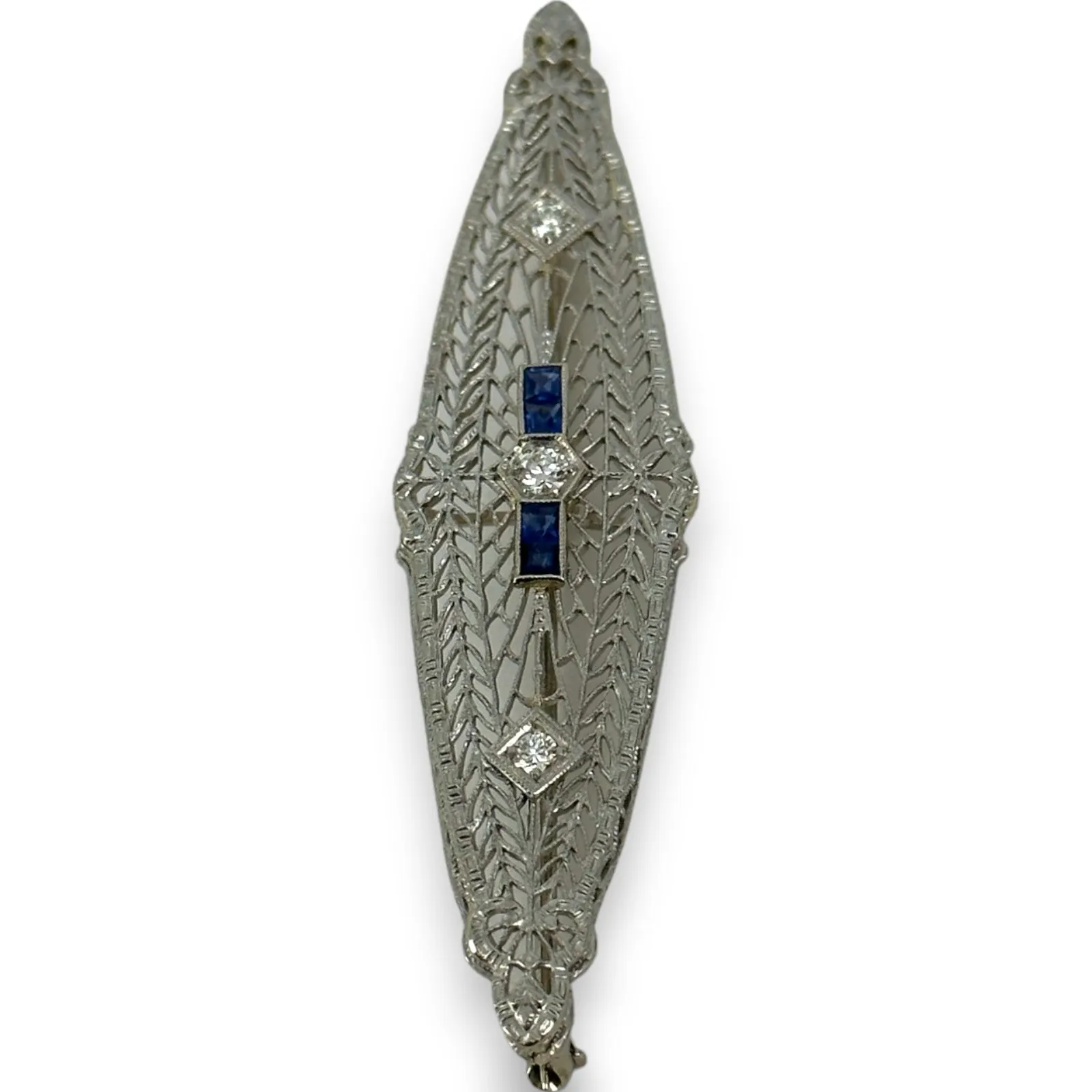 1920s Art Deco 14k White Gold Solid Rhodium Plated Top Blue Sapphire Transitional Cut Diamond Brooch Pin