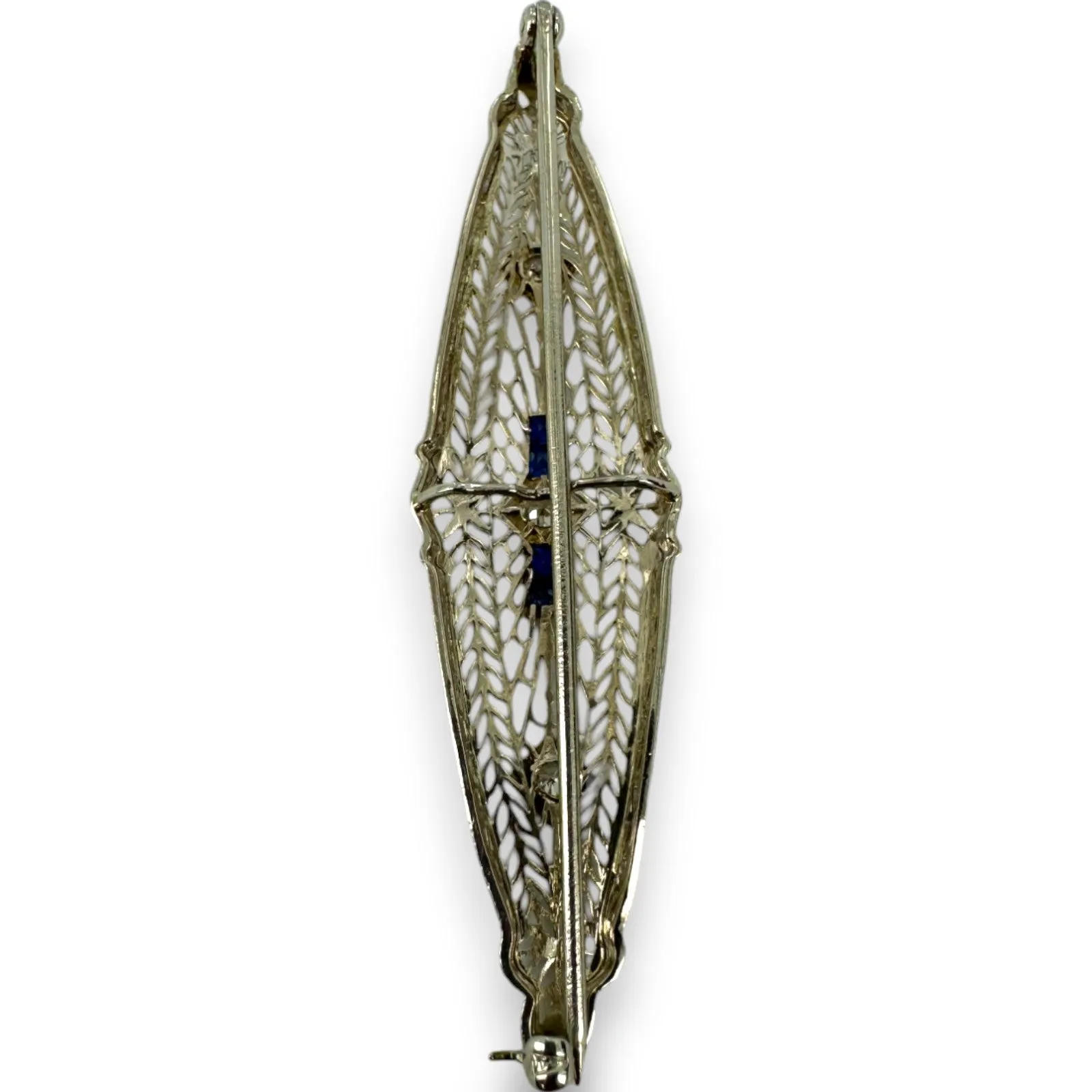 1920s Art Deco 14k White Gold Solid Rhodium Plated Top Blue Sapphire Transitional Cut Diamond Brooch Pin