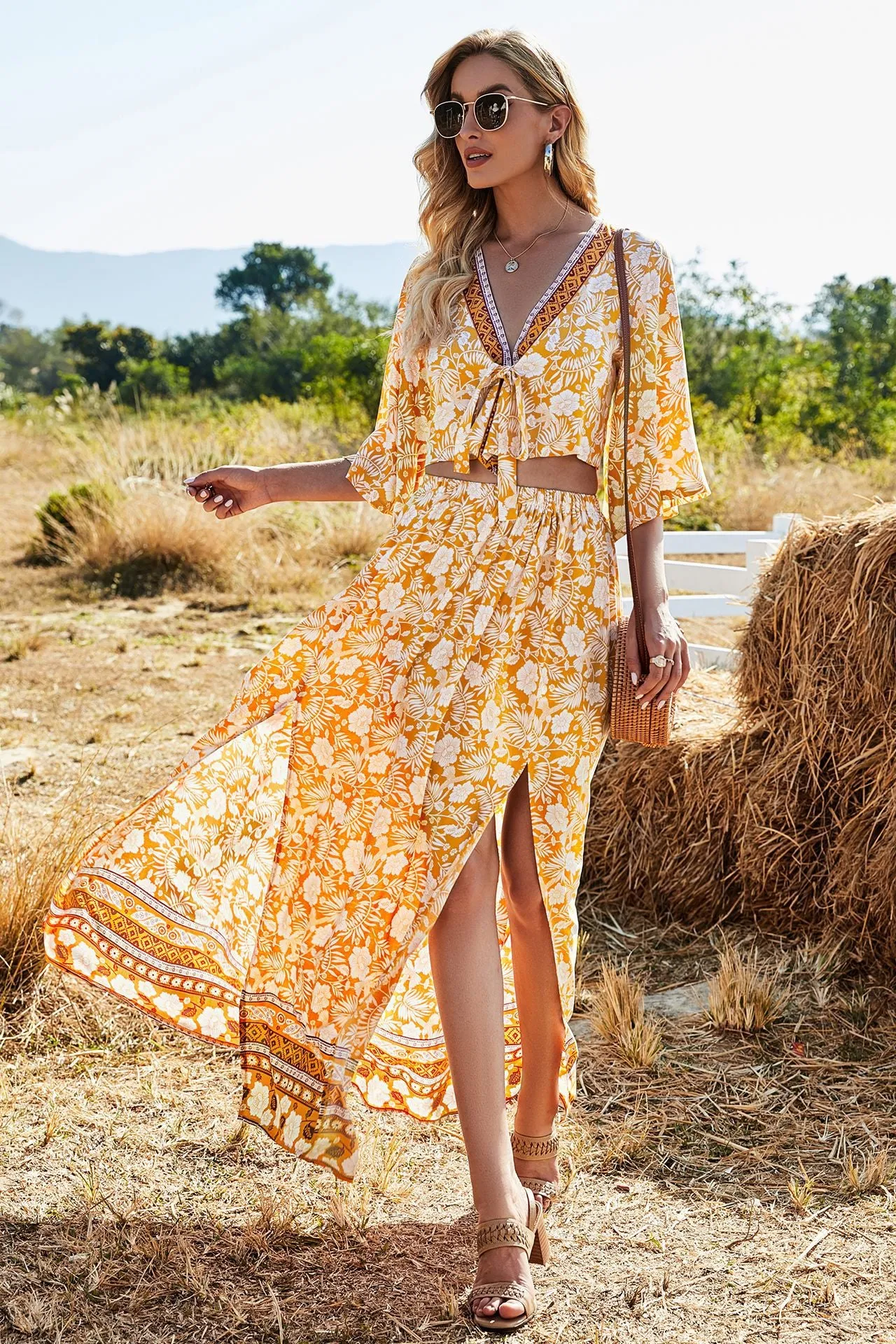 2pcs Wholesale Floral Casual Top   Long Skirt