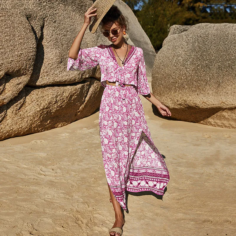 2pcs Wholesale Floral Casual Top   Long Skirt