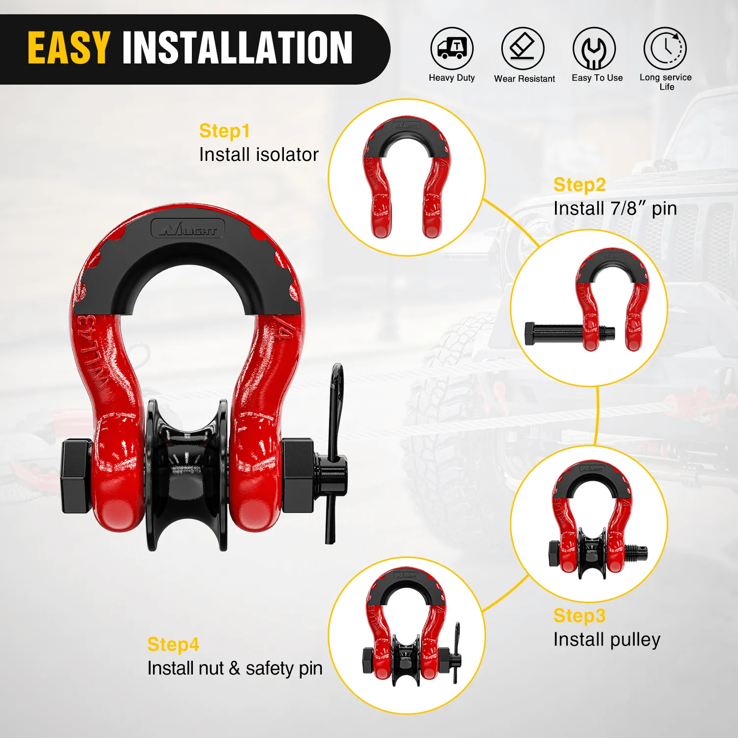 3/4 inch D-Ring Shackle with Towing Pulley Red (Pair)