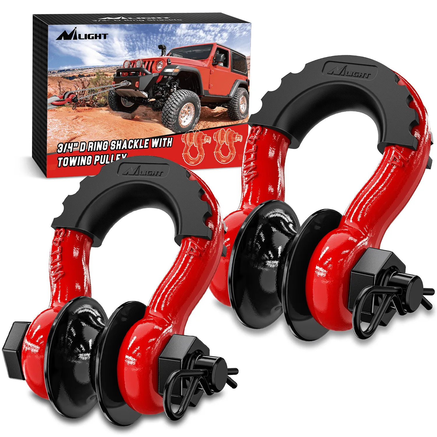 3/4 inch D-Ring Shackle with Towing Pulley Red (Pair)