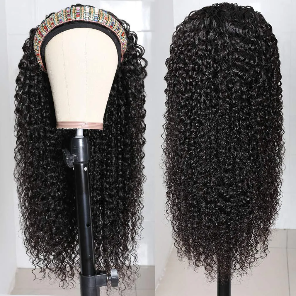 9A human hair natural color curly headband wig(AH5046)