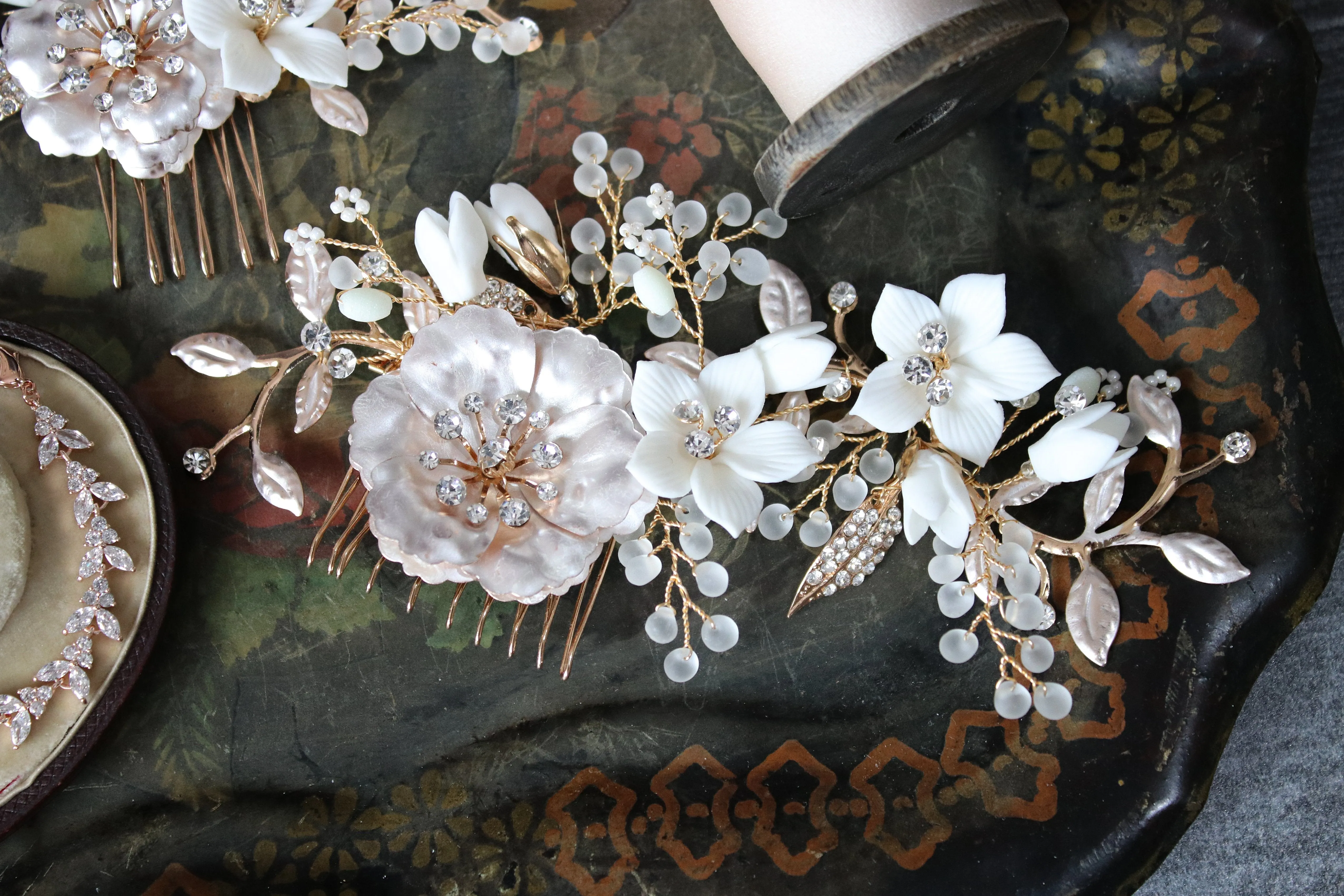 ADDISON Porcelain Floral and Crystal Wedding Headpiece Comb Set