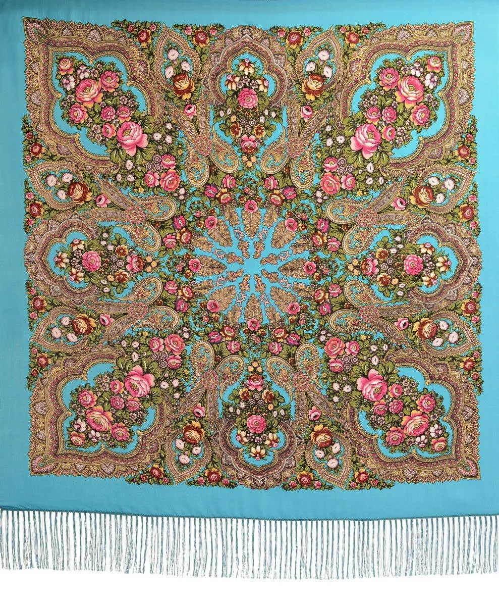 Azure Blue "Plyaski" Slavonic Russian Folk Style Shawl