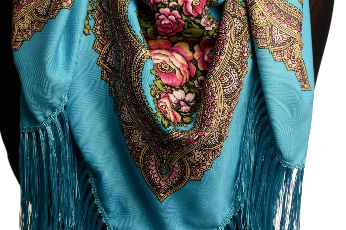 Azure Blue "Plyaski" Slavonic Russian Folk Style Shawl
