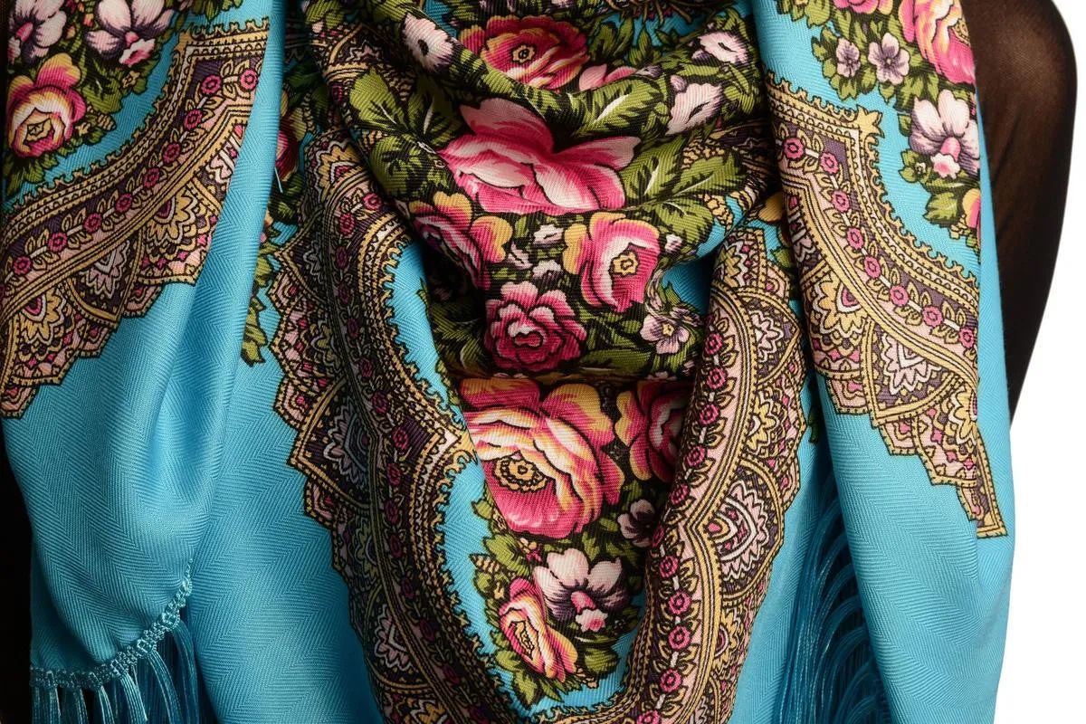 Azure Blue "Plyaski" Slavonic Russian Folk Style Shawl