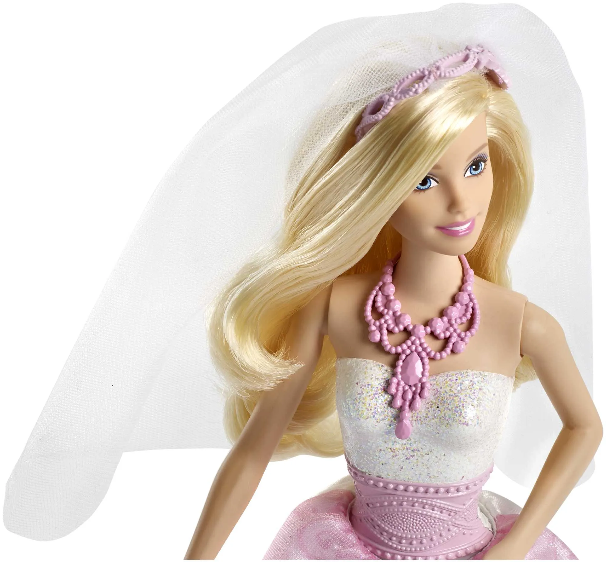 Barbie Bride Doll in White & Pink Wedding Gown With Veil, Necklace & Bouquet