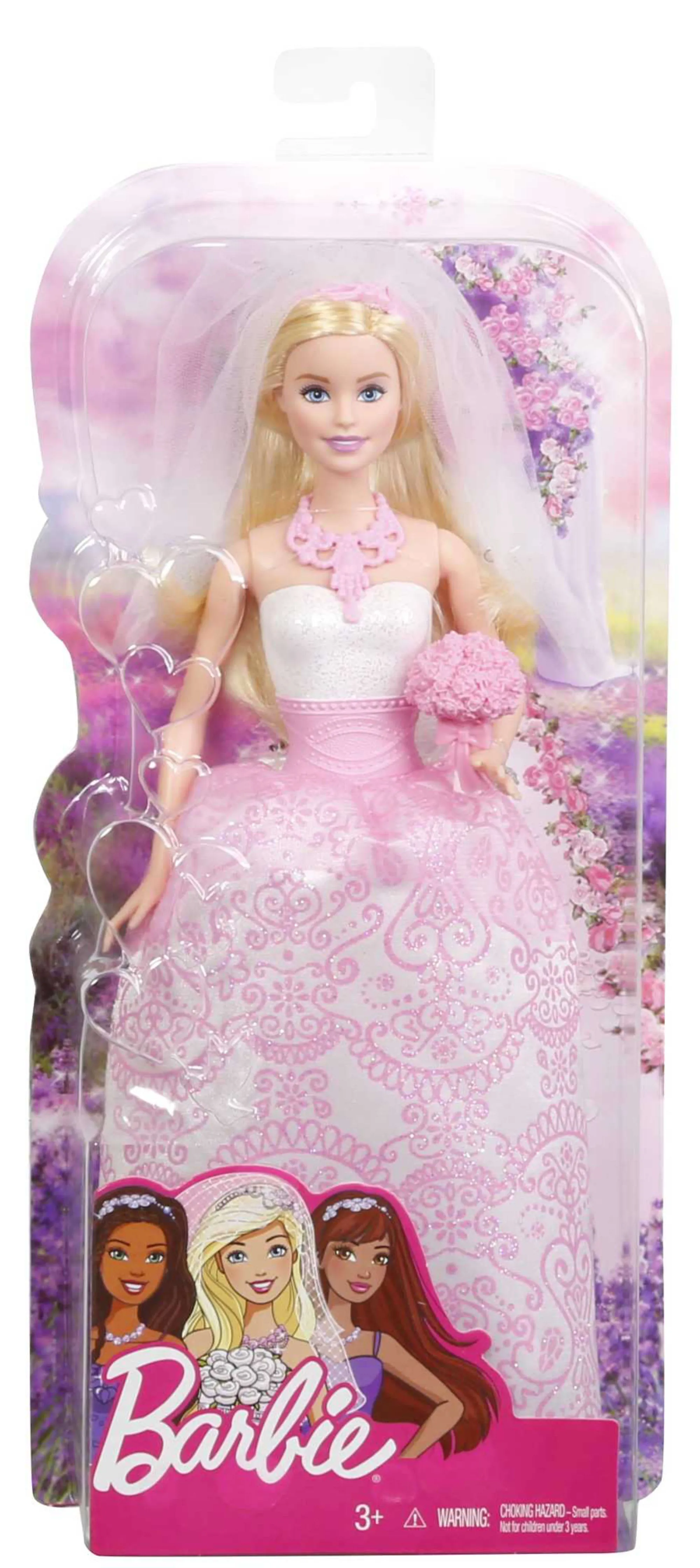 Barbie Bride Doll in White & Pink Wedding Gown With Veil, Necklace & Bouquet