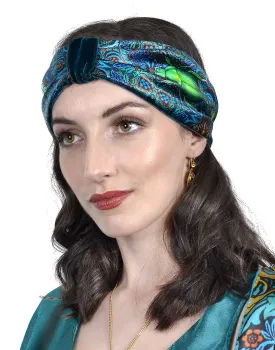 Beetle Belle. Printed satin & silk-velvet headband - TEAL version