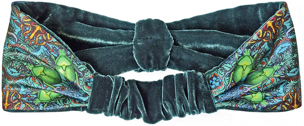 Beetle Belle. Printed satin & silk-velvet headband - TEAL version