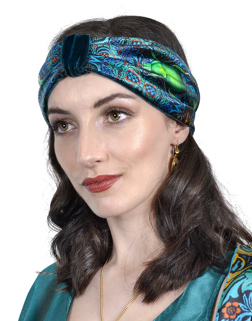 Beetle Belle. Printed satin & silk-velvet headband - TEAL version