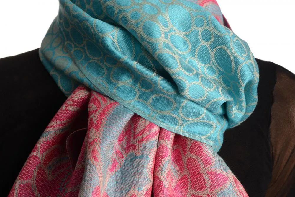 Beige Circles And Red Flowers On Blue Pashmina With Tassels
