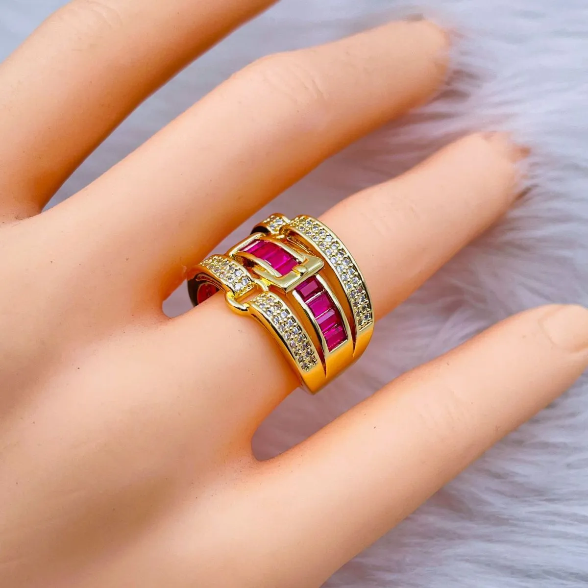 Belt Buckle Cubic Zirconia 18K Gold Copper Open Back Ring for Women