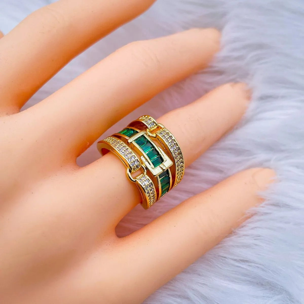 Belt Buckle Cubic Zirconia 18K Gold Copper Open Back Ring for Women