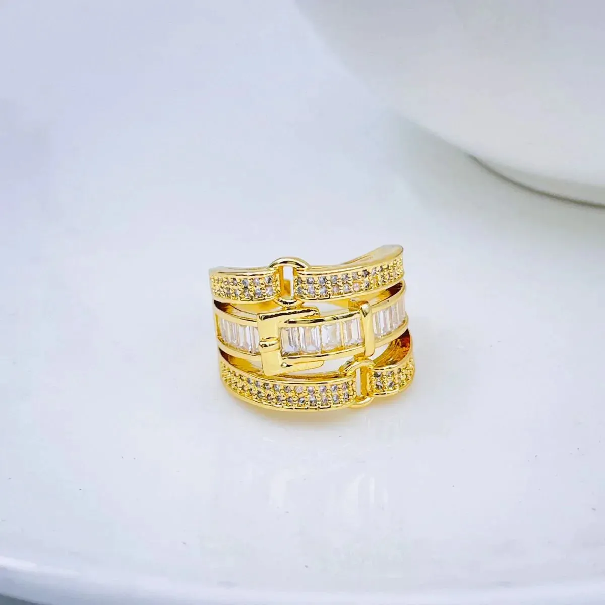 Belt Buckle Cubic Zirconia 18K Gold Copper Open Back Ring for Women