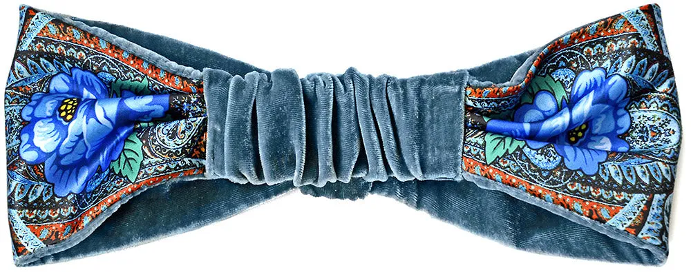 Blue Roses. Printed satin & silk-velvet headband - BLUE TEAL version