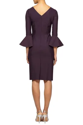 Boat Neck Bell Sleeve Embellished Brooch Cascade Ruffle Side Solid Scuba Crepe Dress