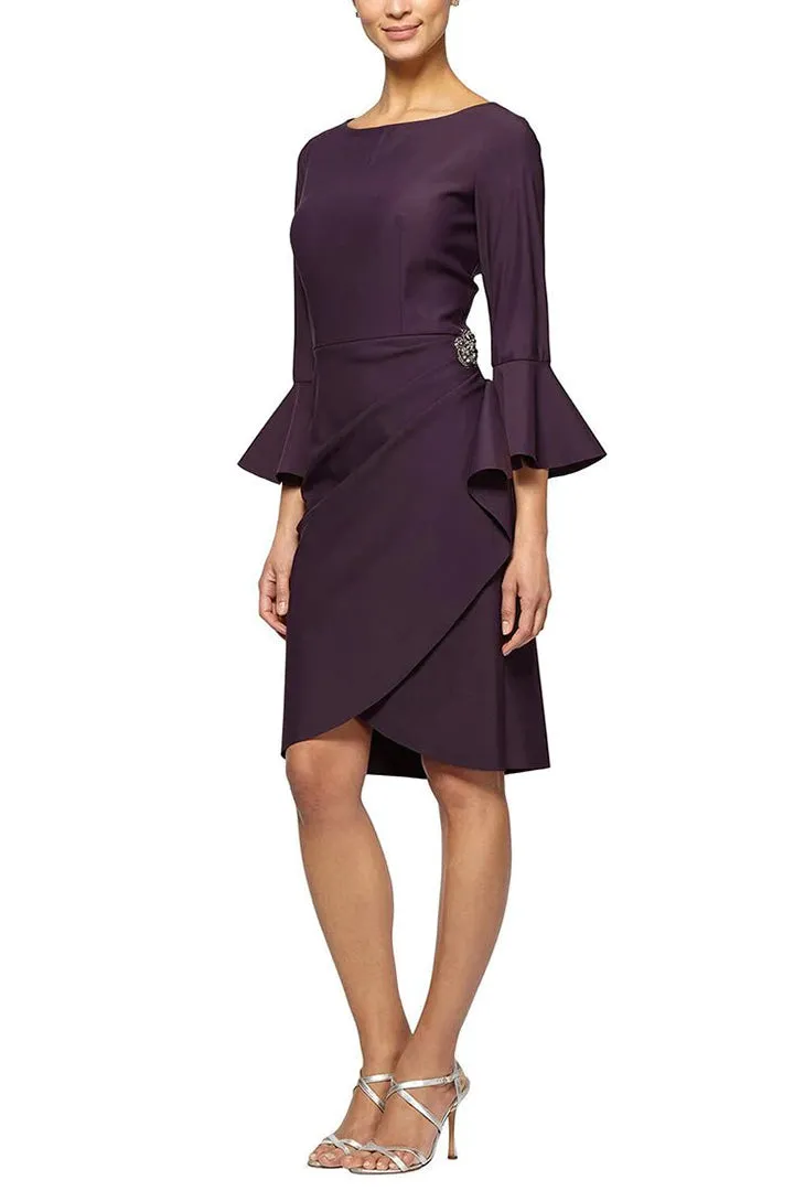 Boat Neck Bell Sleeve Embellished Brooch Cascade Ruffle Side Solid Scuba Crepe Dress