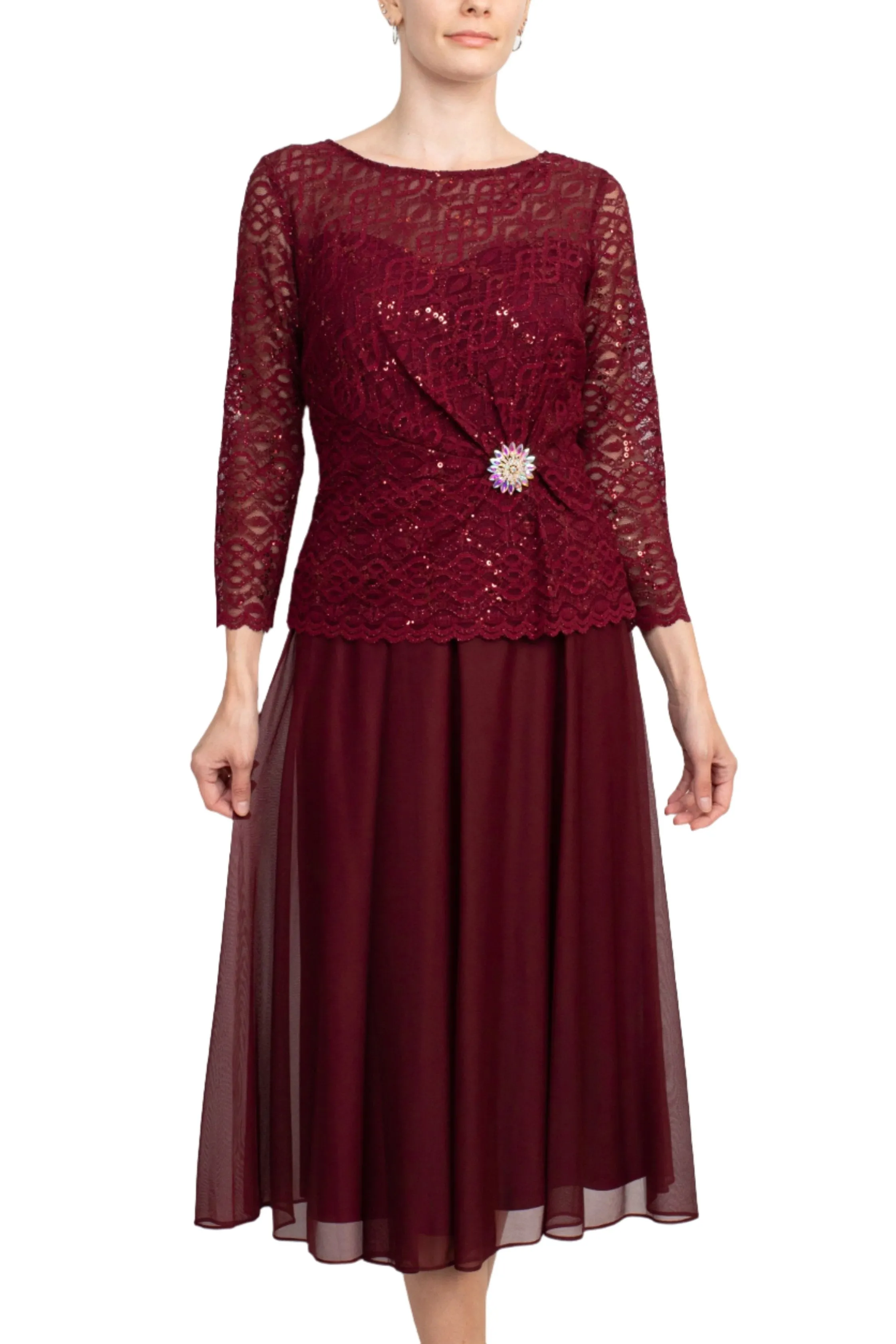 Boat Neck Long Sleeve Embroidered Top Brooch Detail Mesh Dress