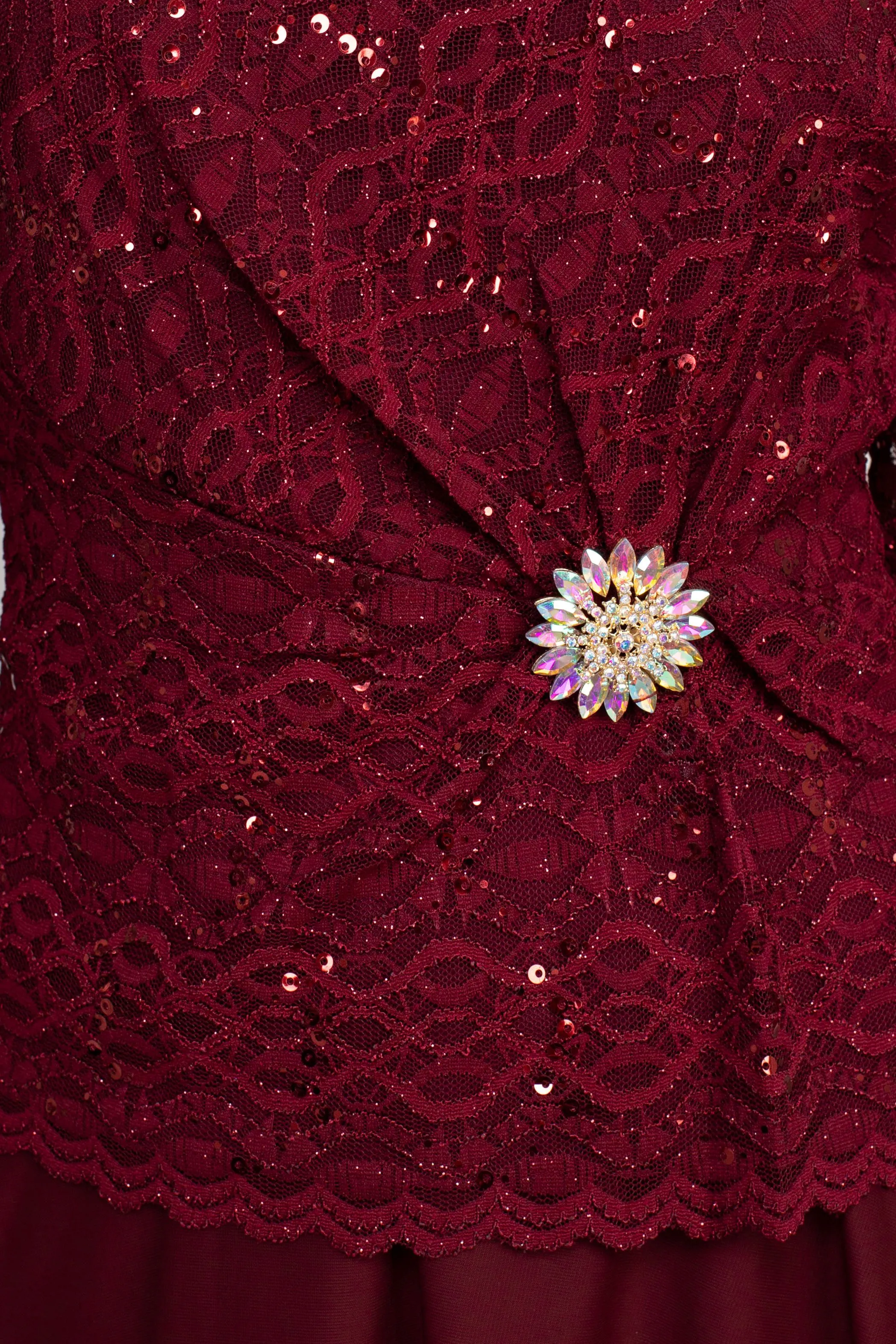 Boat Neck Long Sleeve Embroidered Top Brooch Detail Mesh Dress