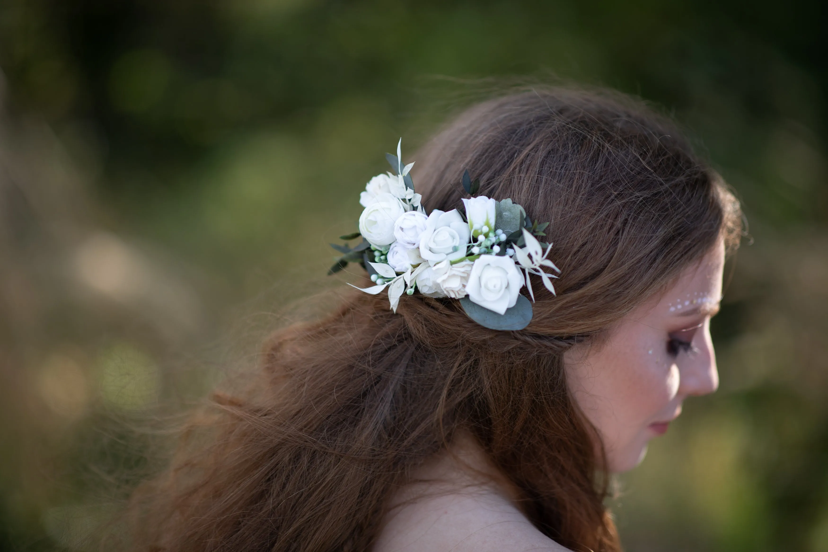 Bridal boho flower hair comb Ivory and green headpiece Peony and roses wedding hair comb Bridal hair accessories Magaela White flower comb