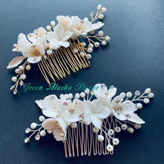 C189. white clay floras hair comb hair pins for wedding brides bridesmaids