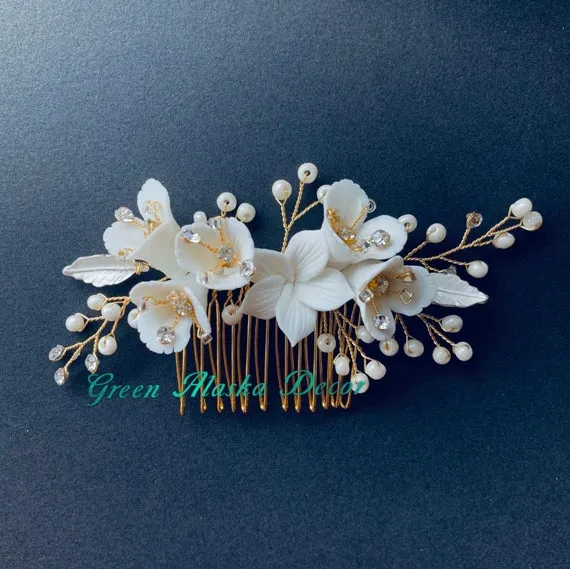 C189. white clay floras hair comb hair pins for wedding brides bridesmaids