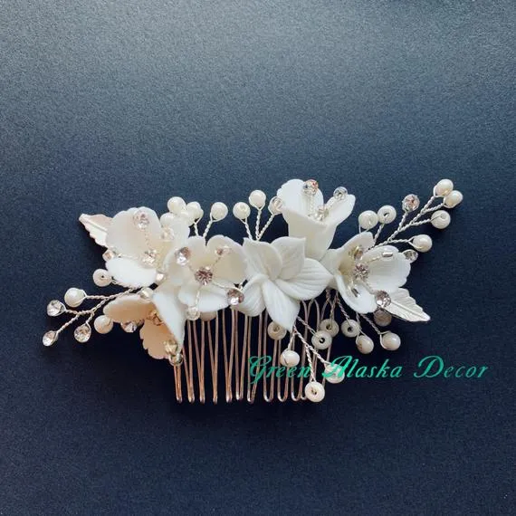 C189. white clay floras hair comb hair pins for wedding brides bridesmaids