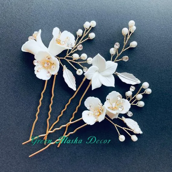 C189. white clay floras hair comb hair pins for wedding brides bridesmaids