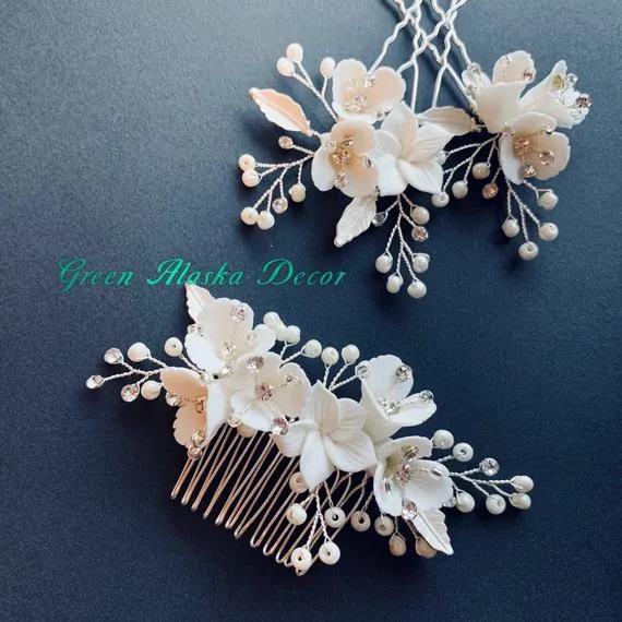 C189. white clay floras hair comb hair pins for wedding brides bridesmaids