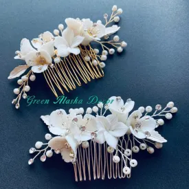 C189. white clay floras hair comb hair pins for wedding brides bridesmaids