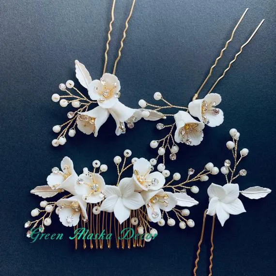C189. white clay floras hair comb hair pins for wedding brides bridesmaids