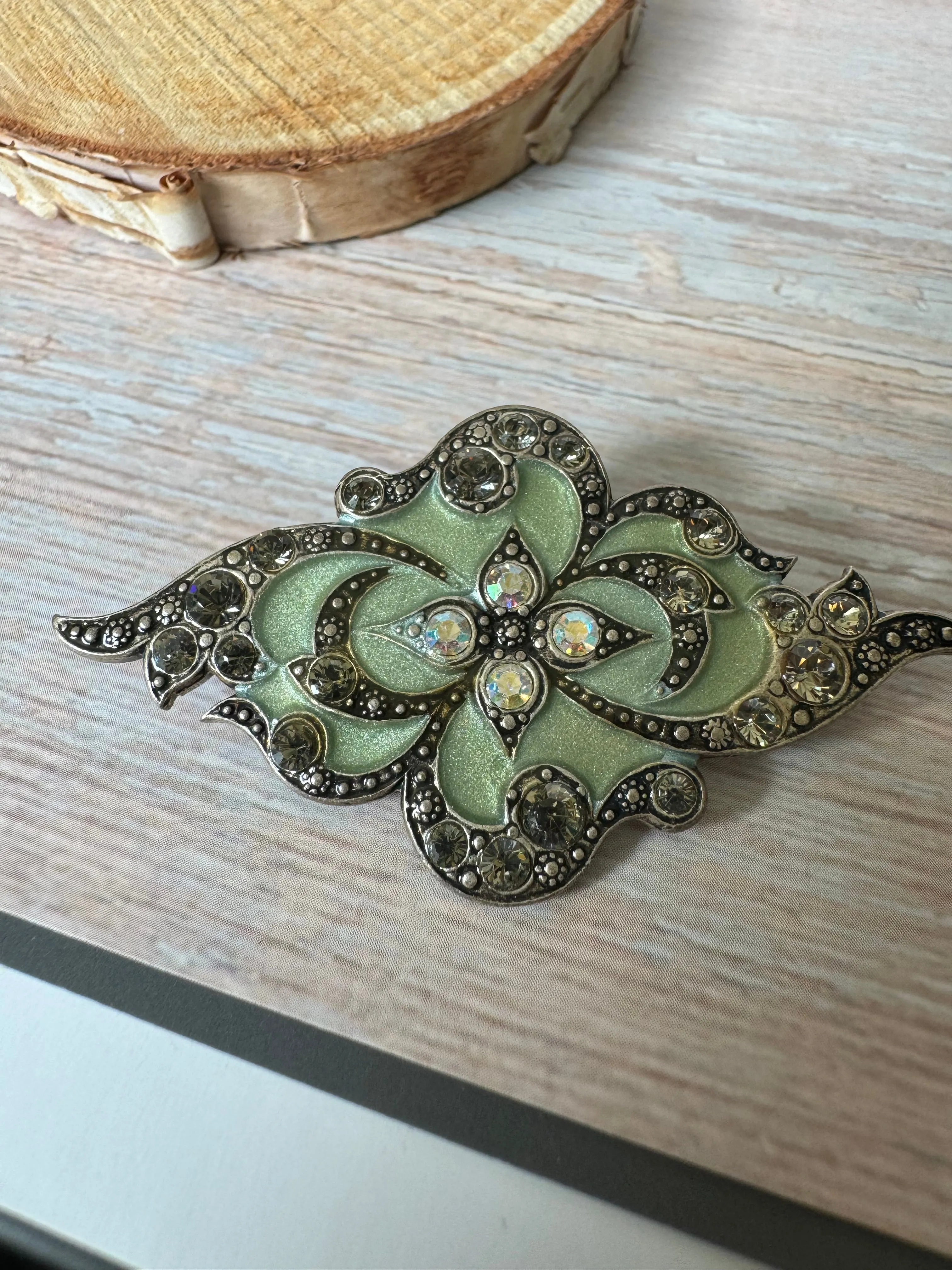 Catherine Popesco Light Green Enamel & Rhinestone Abstract Silver Tone Brooch