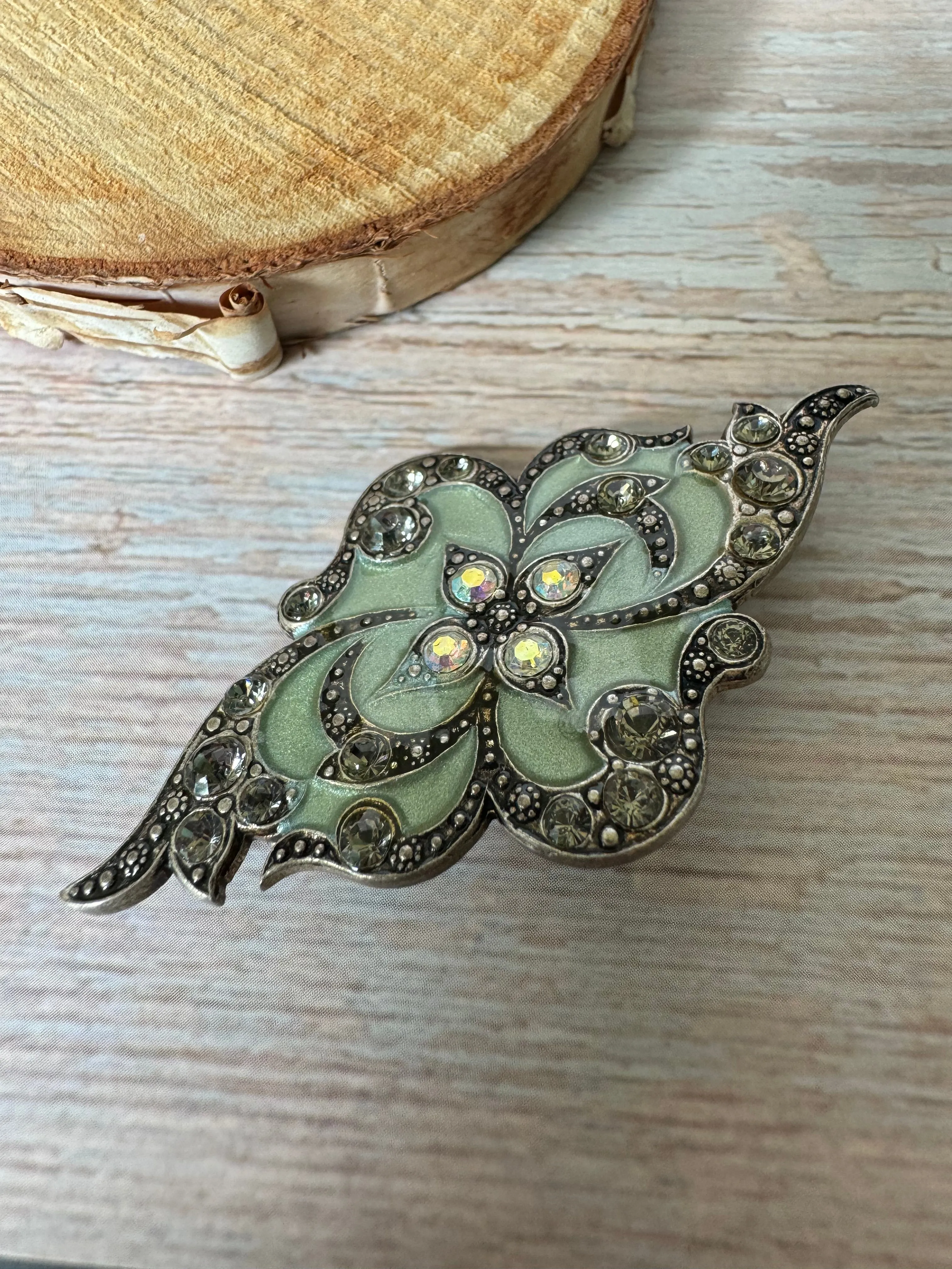 Catherine Popesco Light Green Enamel & Rhinestone Abstract Silver Tone Brooch