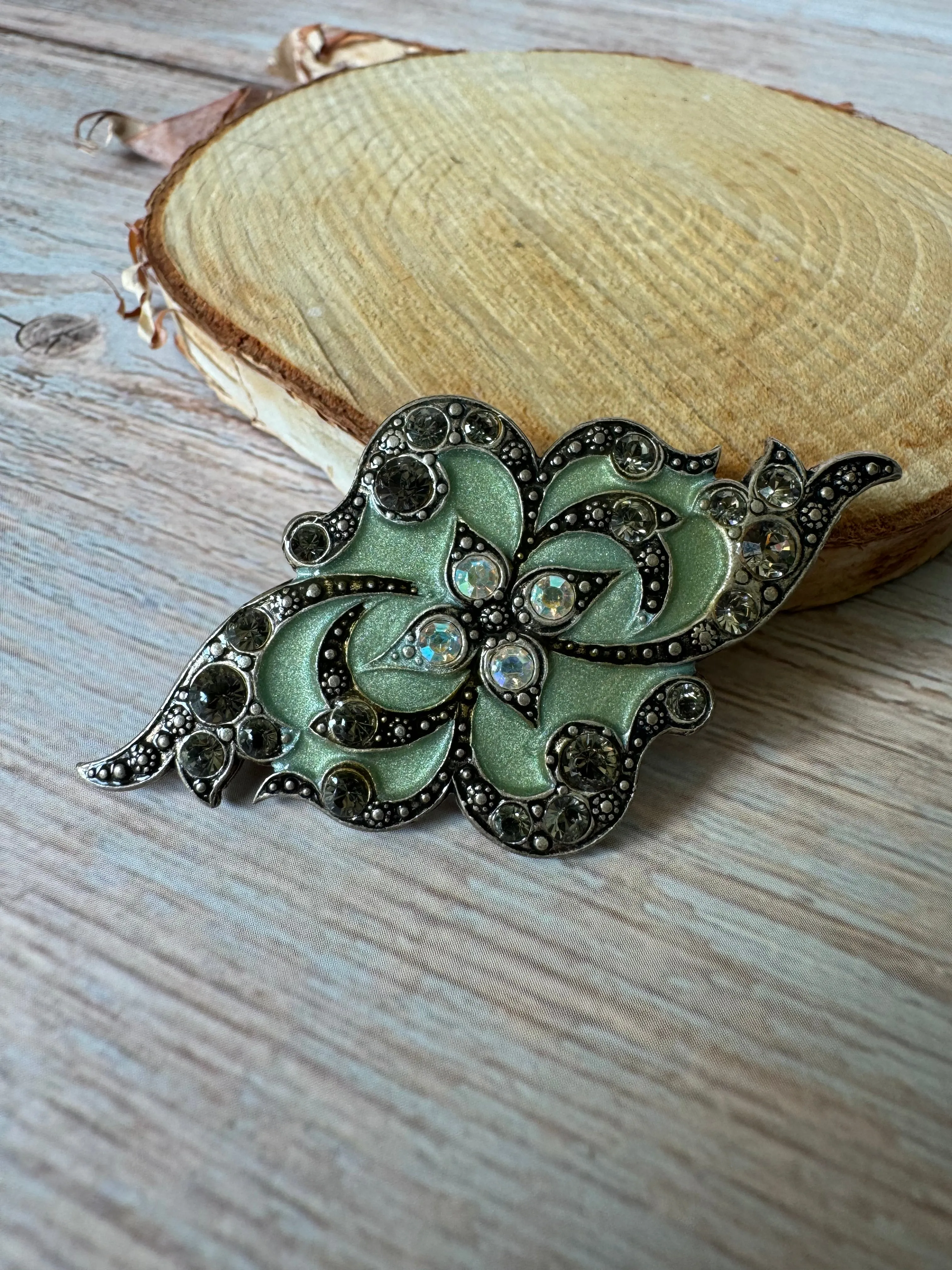 Catherine Popesco Light Green Enamel & Rhinestone Abstract Silver Tone Brooch