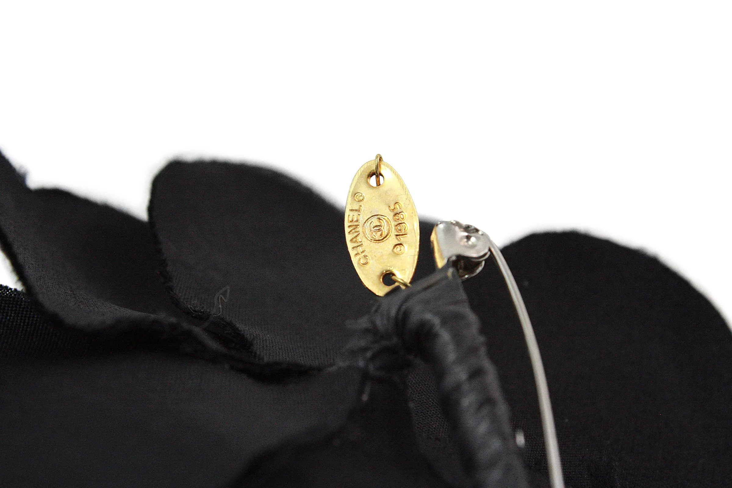 CHANEL 1985 Black Silk Camellia Brooch