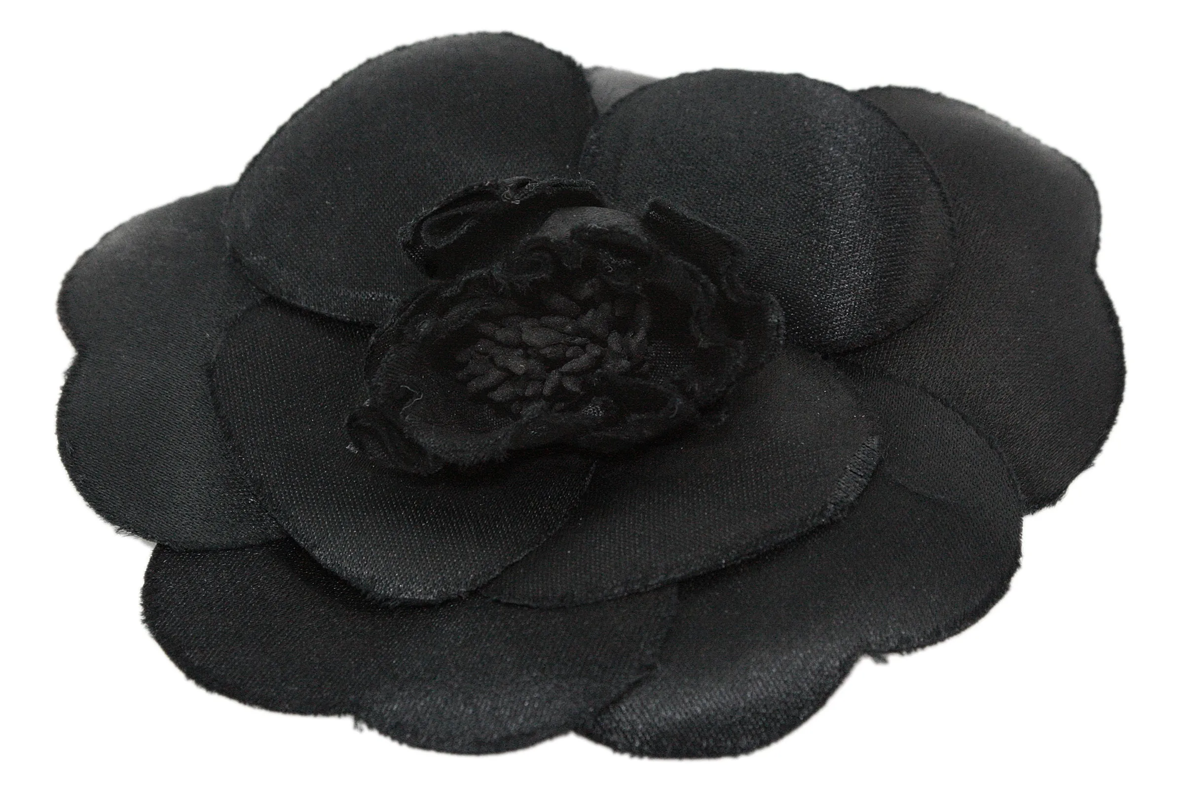 CHANEL 1985 Black Silk Camellia Brooch