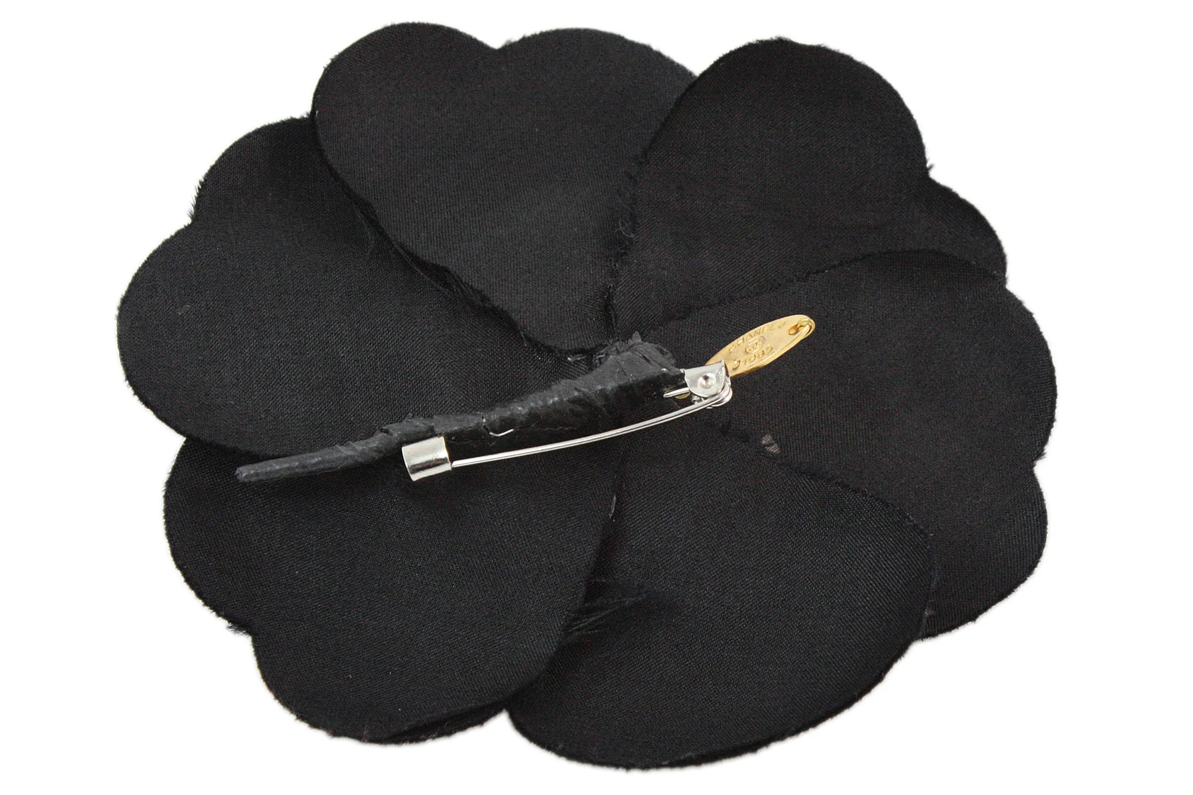 CHANEL 1985 Black Silk Camellia Brooch