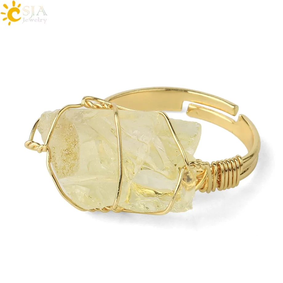 CSJA Natural Crystal Stone Rings Irregular Wire Wrap Women Men Healing Amethysts Fluorite Gold-color Resizable Quartz Ring G339