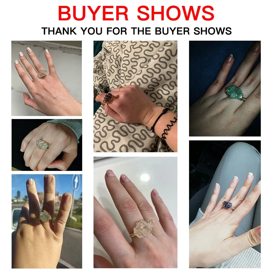 CSJA Natural Crystal Stone Rings Irregular Wire Wrap Women Men Healing Amethysts Fluorite Gold-color Resizable Quartz Ring G339