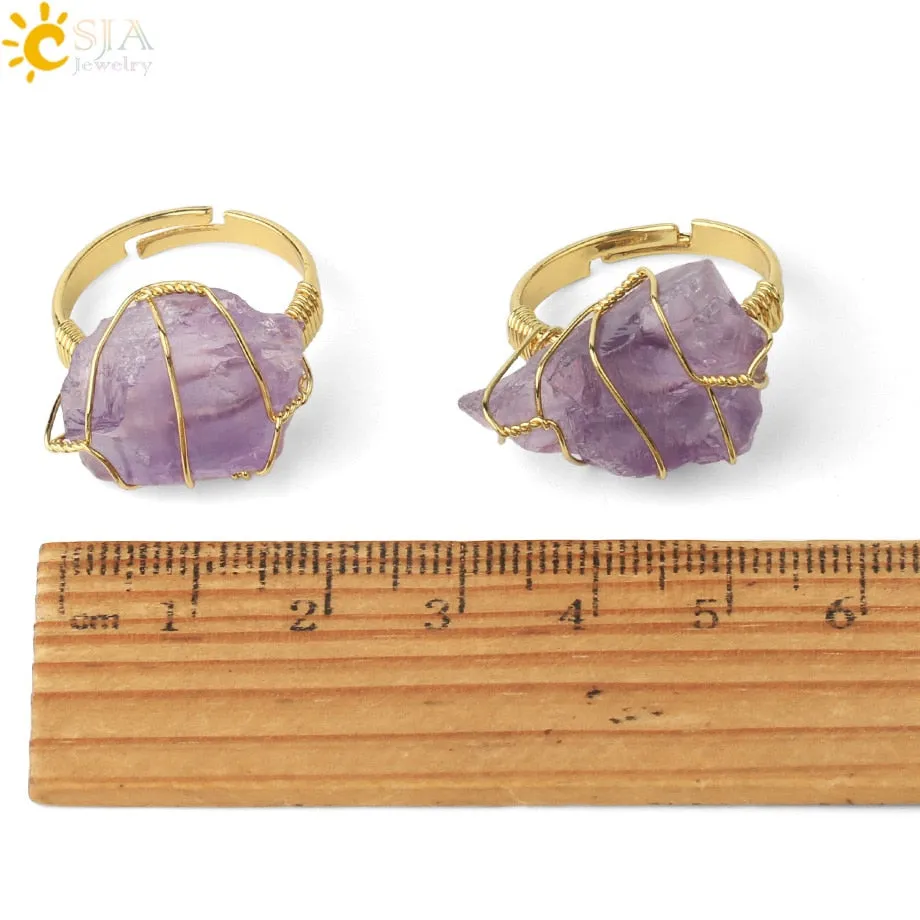 CSJA Natural Crystal Stone Rings Irregular Wire Wrap Women Men Healing Amethysts Fluorite Gold-color Resizable Quartz Ring G339
