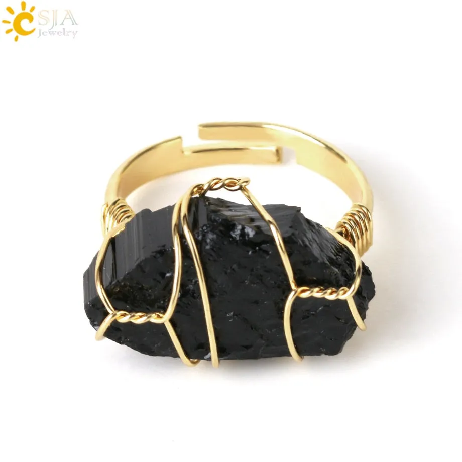 CSJA Natural Crystal Stone Rings Irregular Wire Wrap Women Men Healing Amethysts Fluorite Gold-color Resizable Quartz Ring G339