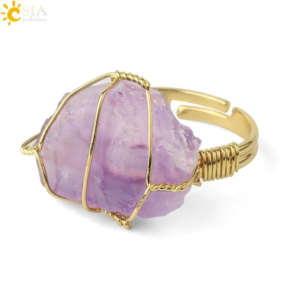 CSJA Natural Crystal Stone Rings Irregular Wire Wrap Women Men Healing Amethysts Fluorite Gold-color Resizable Quartz Ring G339