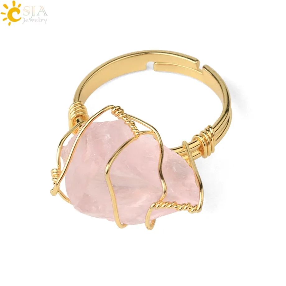 CSJA Natural Crystal Stone Rings Irregular Wire Wrap Women Men Healing Amethysts Fluorite Gold-color Resizable Quartz Ring G339