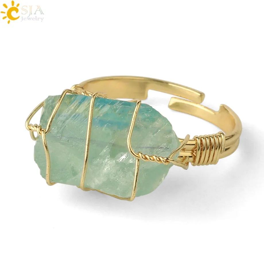 CSJA Natural Crystal Stone Rings Irregular Wire Wrap Women Men Healing Amethysts Fluorite Gold-color Resizable Quartz Ring G339