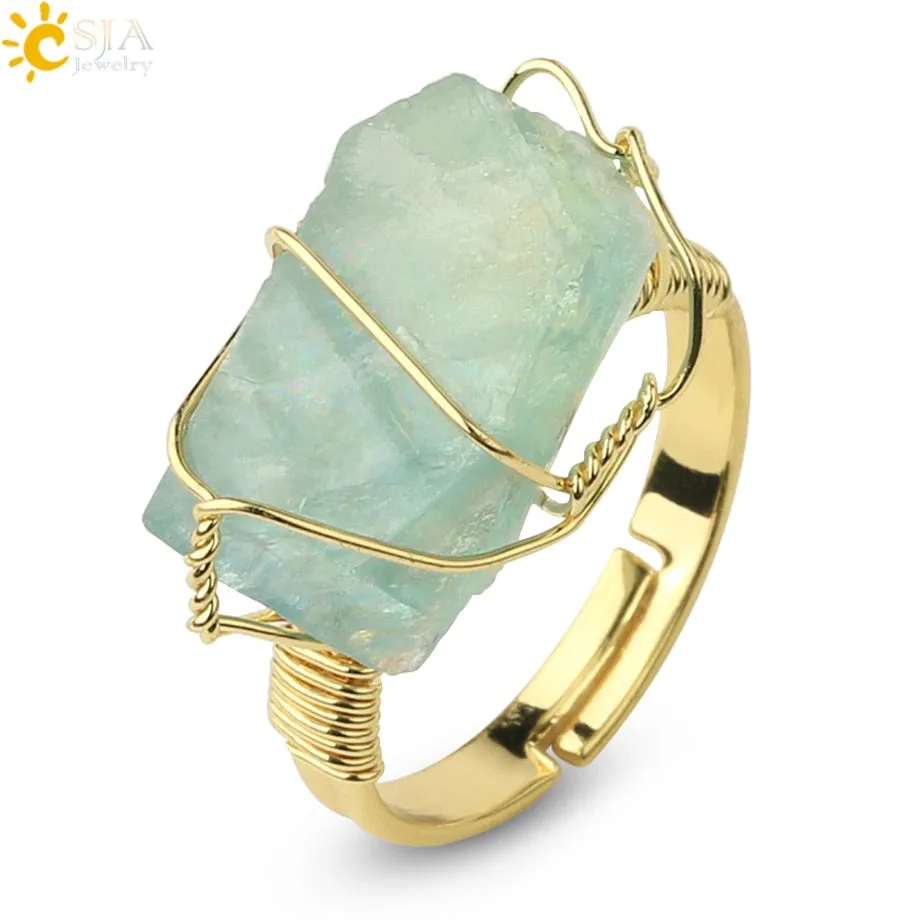 CSJA Natural Crystal Stone Rings Irregular Wire Wrap Women Men Healing Amethysts Fluorite Gold-color Resizable Quartz Ring G339