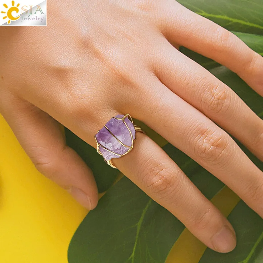 CSJA Natural Crystal Stone Rings Irregular Wire Wrap Women Men Healing Amethysts Fluorite Gold-color Resizable Quartz Ring G339