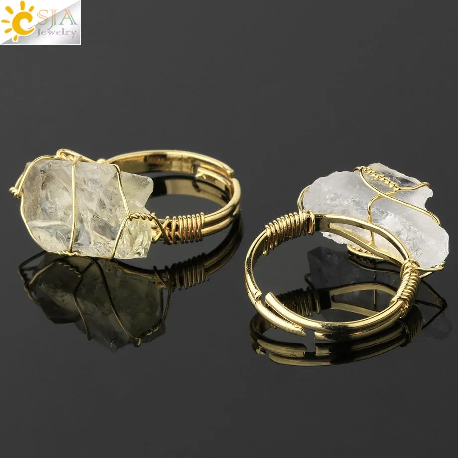 CSJA Natural Crystal Stone Rings Irregular Wire Wrap Women Men Healing Amethysts Fluorite Gold-color Resizable Quartz Ring G339